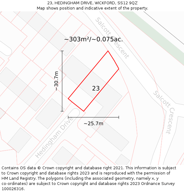 23, HEDINGHAM DRIVE, WICKFORD, SS12 9QZ: Plot and title map