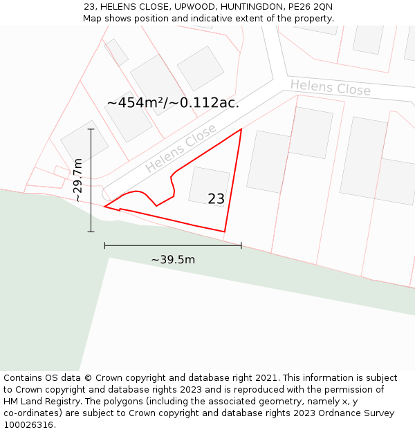 23, HELENS CLOSE, UPWOOD, HUNTINGDON, PE26 2QN: Plot and title map