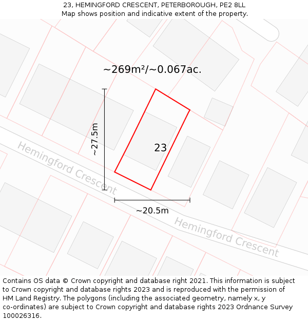 23, HEMINGFORD CRESCENT, PETERBOROUGH, PE2 8LL: Plot and title map