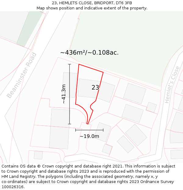 23, HEMLETS CLOSE, BRIDPORT, DT6 3FB: Plot and title map