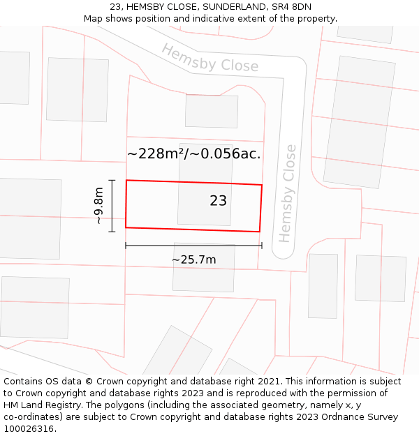 23, HEMSBY CLOSE, SUNDERLAND, SR4 8DN: Plot and title map