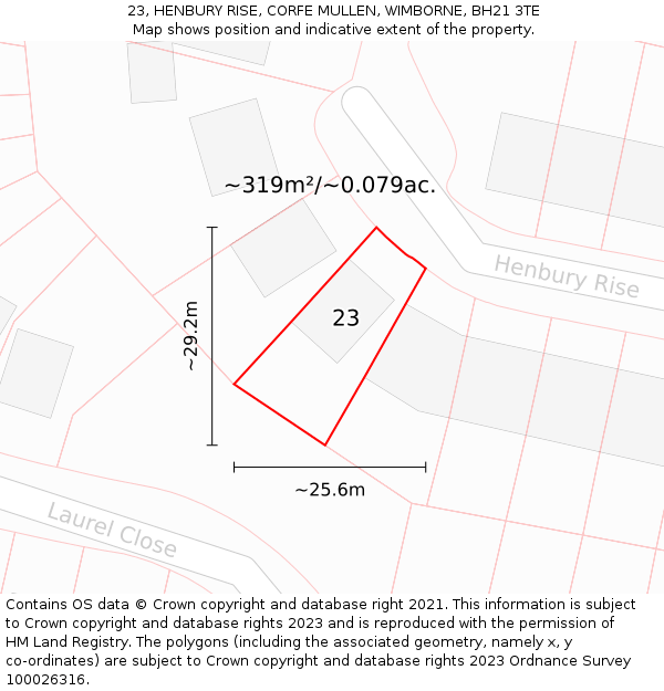 23, HENBURY RISE, CORFE MULLEN, WIMBORNE, BH21 3TE: Plot and title map