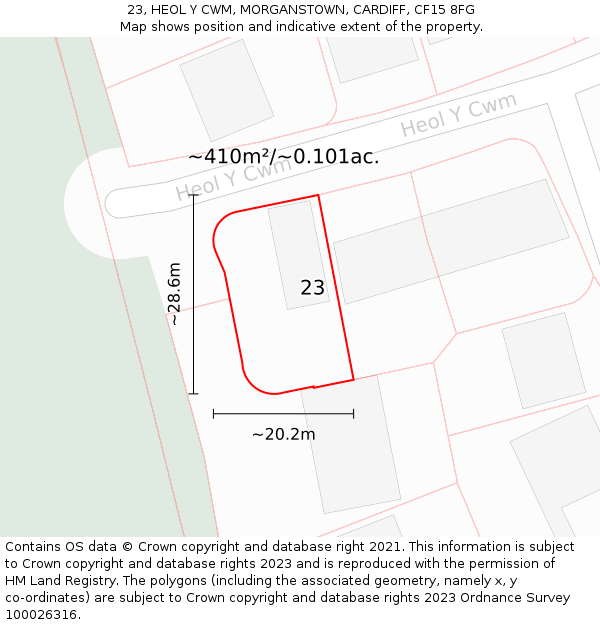 23, HEOL Y CWM, MORGANSTOWN, CARDIFF, CF15 8FG: Plot and title map