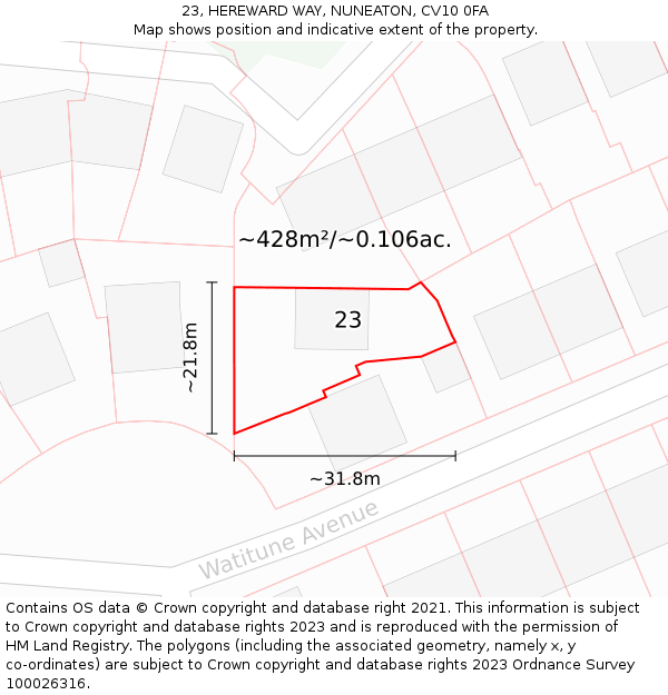 23, HEREWARD WAY, NUNEATON, CV10 0FA: Plot and title map