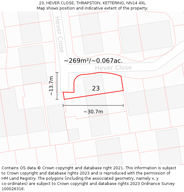 23, HEVER CLOSE, THRAPSTON, KETTERING, NN14 4XL: Plot and title map
