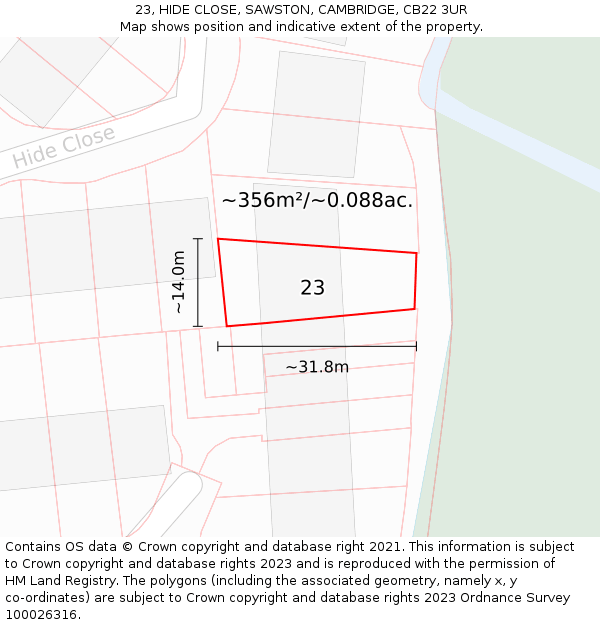 23, HIDE CLOSE, SAWSTON, CAMBRIDGE, CB22 3UR: Plot and title map