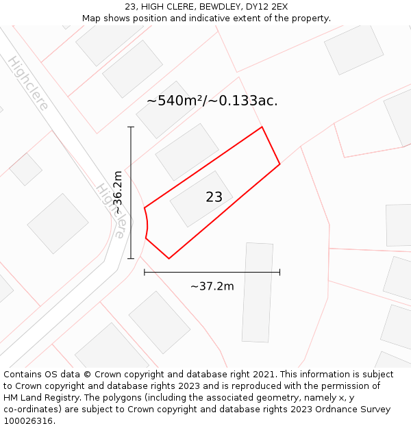 23, HIGH CLERE, BEWDLEY, DY12 2EX: Plot and title map