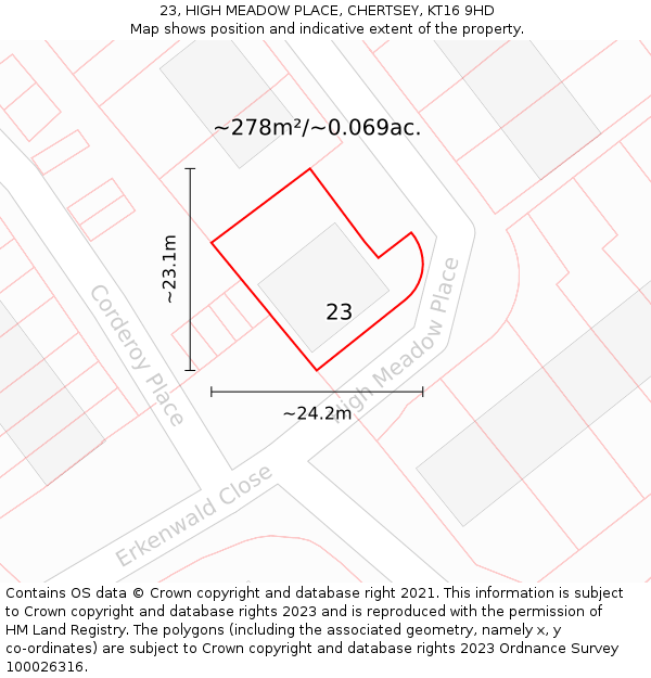 23, HIGH MEADOW PLACE, CHERTSEY, KT16 9HD: Plot and title map