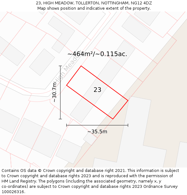 23, HIGH MEADOW, TOLLERTON, NOTTINGHAM, NG12 4DZ: Plot and title map