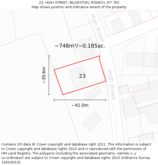 23, HIGH STREET, BILDESTON, IPSWICH, IP7 7EX: Plot and title map