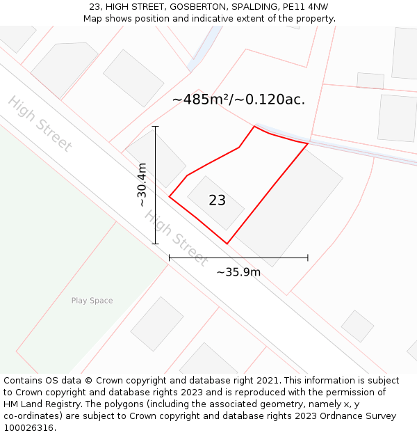 23, HIGH STREET, GOSBERTON, SPALDING, PE11 4NW: Plot and title map