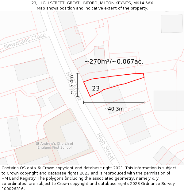 23, HIGH STREET, GREAT LINFORD, MILTON KEYNES, MK14 5AX: Plot and title map