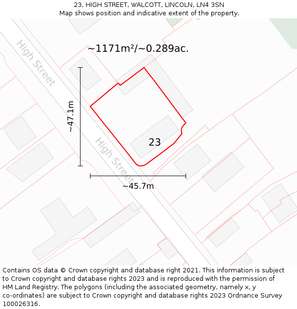 23, HIGH STREET, WALCOTT, LINCOLN, LN4 3SN: Plot and title map