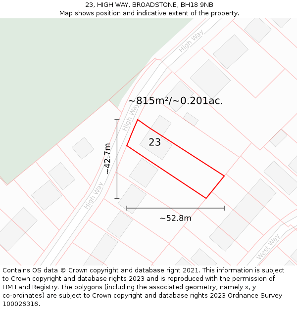 23, HIGH WAY, BROADSTONE, BH18 9NB: Plot and title map