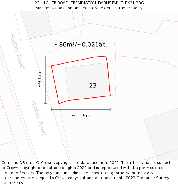 23, HIGHER ROAD, FREMINGTON, BARNSTAPLE, EX31 3BG: Plot and title map