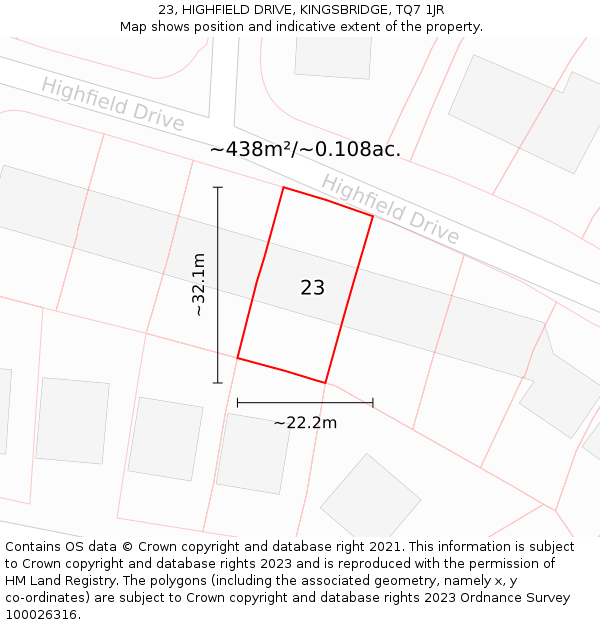 23, HIGHFIELD DRIVE, KINGSBRIDGE, TQ7 1JR: Plot and title map