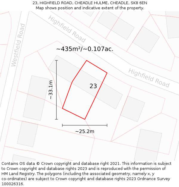 23, HIGHFIELD ROAD, CHEADLE HULME, CHEADLE, SK8 6EN: Plot and title map