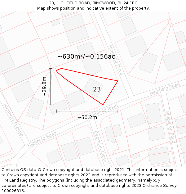 23, HIGHFIELD ROAD, RINGWOOD, BH24 1RG: Plot and title map