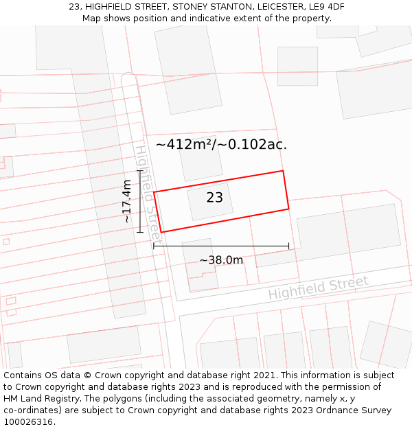 23, HIGHFIELD STREET, STONEY STANTON, LEICESTER, LE9 4DF: Plot and title map