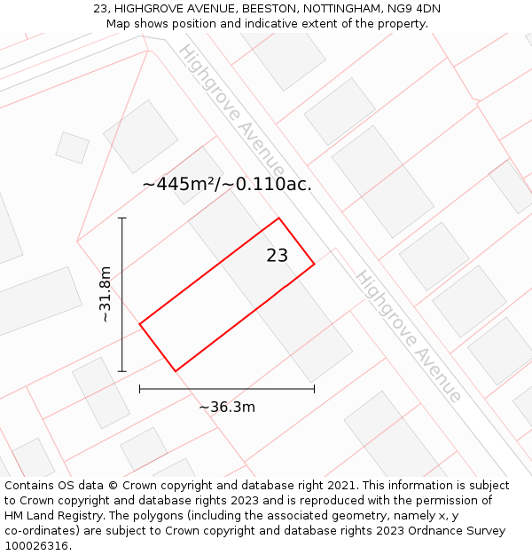 23, HIGHGROVE AVENUE, BEESTON, NOTTINGHAM, NG9 4DN: Plot and title map