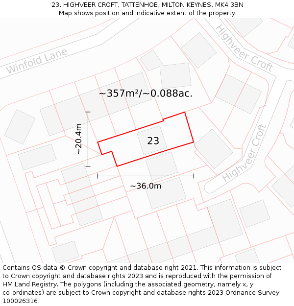 23, HIGHVEER CROFT, TATTENHOE, MILTON KEYNES, MK4 3BN: Plot and title map