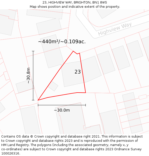 23, HIGHVIEW WAY, BRIGHTON, BN1 8WS: Plot and title map
