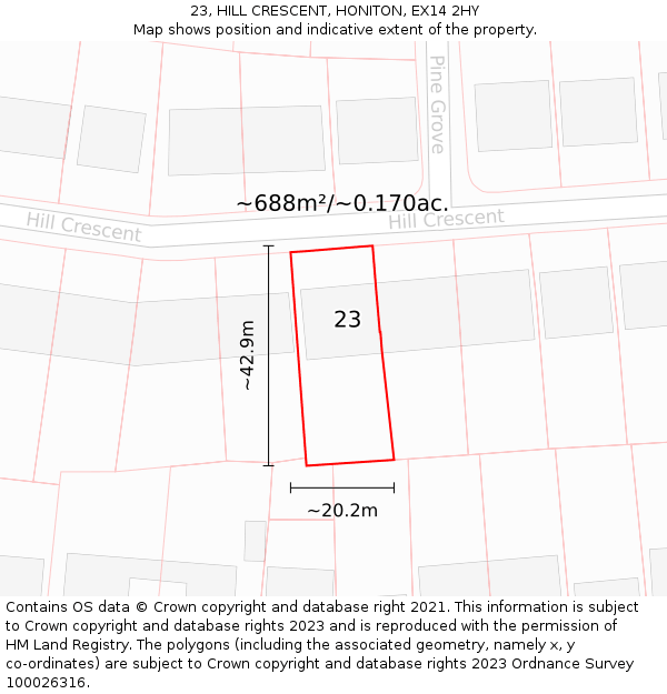 23, HILL CRESCENT, HONITON, EX14 2HY: Plot and title map