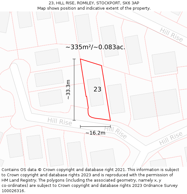 23, HILL RISE, ROMILEY, STOCKPORT, SK6 3AP: Plot and title map