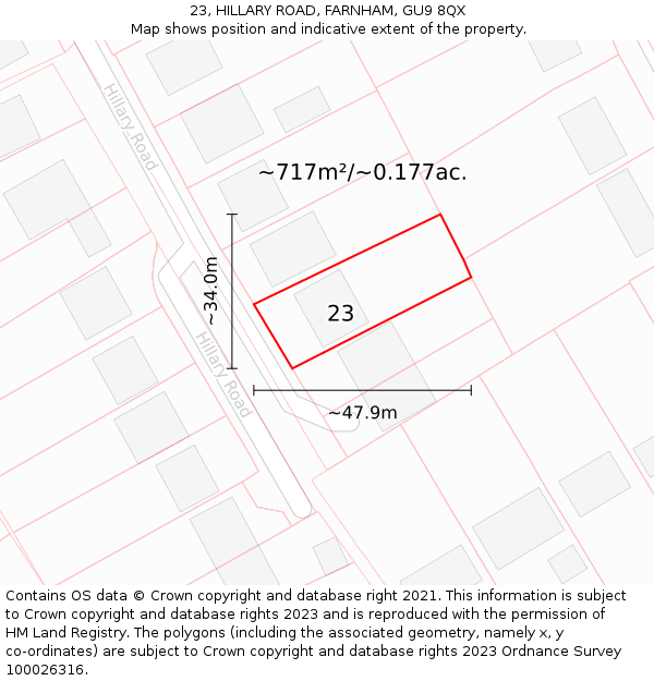 23, HILLARY ROAD, FARNHAM, GU9 8QX: Plot and title map