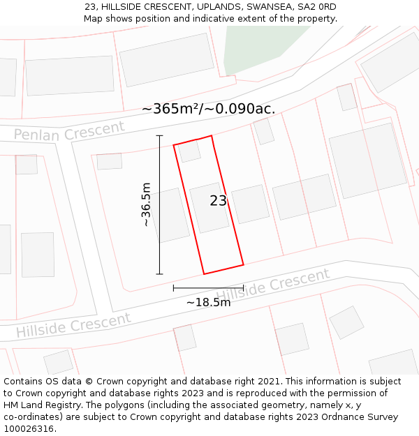 23, HILLSIDE CRESCENT, UPLANDS, SWANSEA, SA2 0RD: Plot and title map