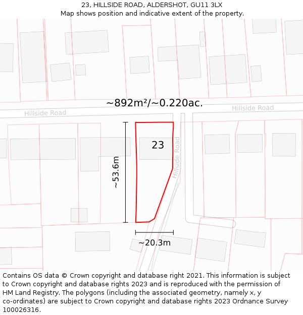 23, HILLSIDE ROAD, ALDERSHOT, GU11 3LX: Plot and title map