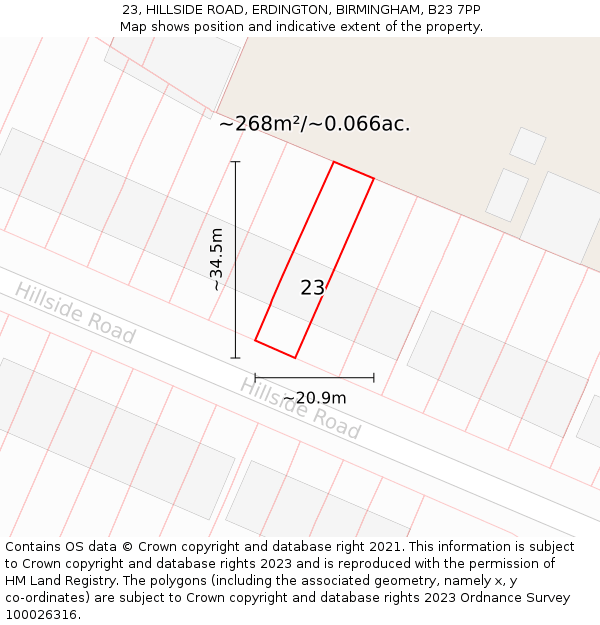 23, HILLSIDE ROAD, ERDINGTON, BIRMINGHAM, B23 7PP: Plot and title map