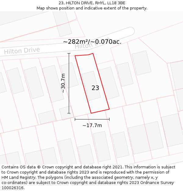 23, HILTON DRIVE, RHYL, LL18 3BE: Plot and title map