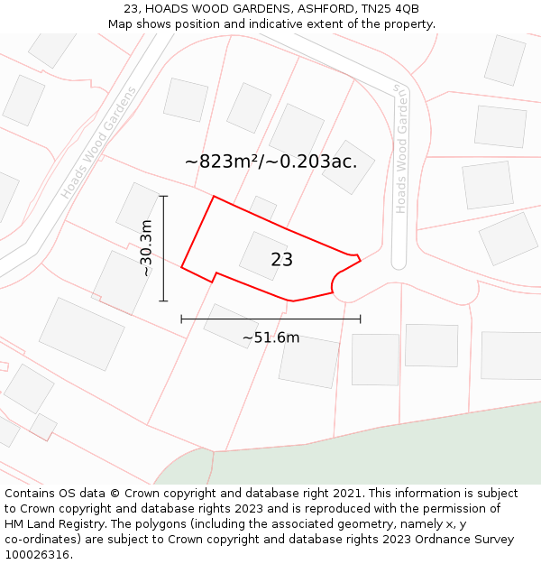23, HOADS WOOD GARDENS, ASHFORD, TN25 4QB: Plot and title map