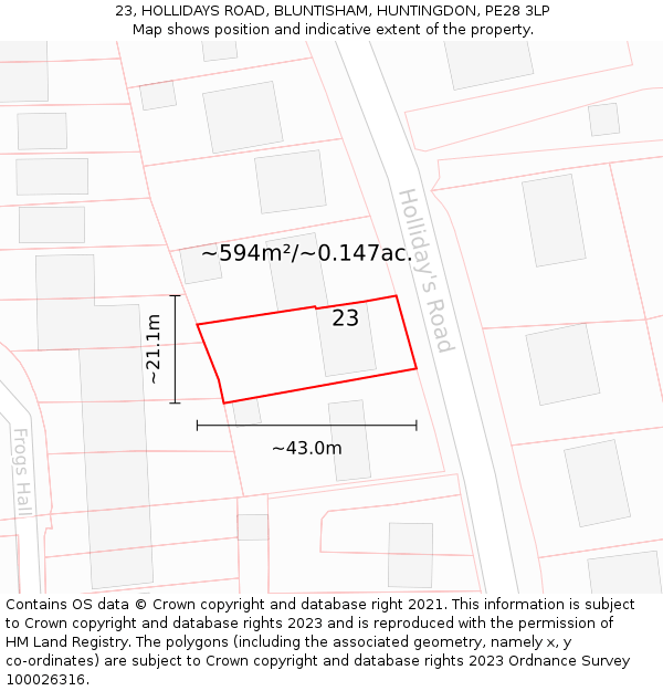 23, HOLLIDAYS ROAD, BLUNTISHAM, HUNTINGDON, PE28 3LP: Plot and title map