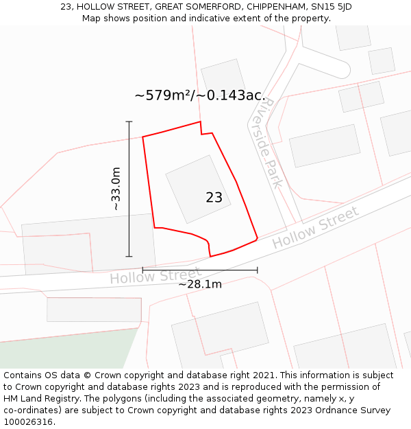 23, HOLLOW STREET, GREAT SOMERFORD, CHIPPENHAM, SN15 5JD: Plot and title map