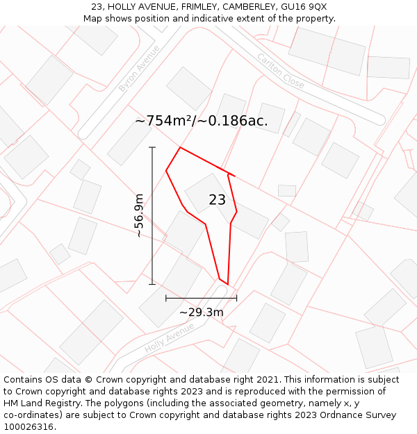 23, HOLLY AVENUE, FRIMLEY, CAMBERLEY, GU16 9QX: Plot and title map