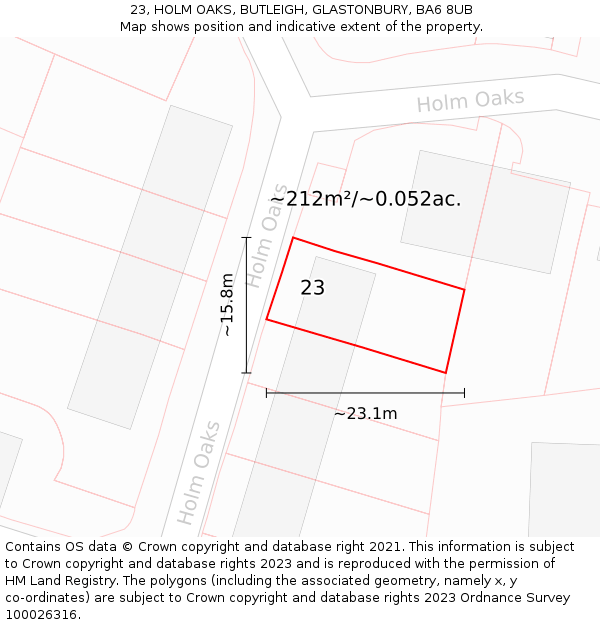 23, HOLM OAKS, BUTLEIGH, GLASTONBURY, BA6 8UB: Plot and title map