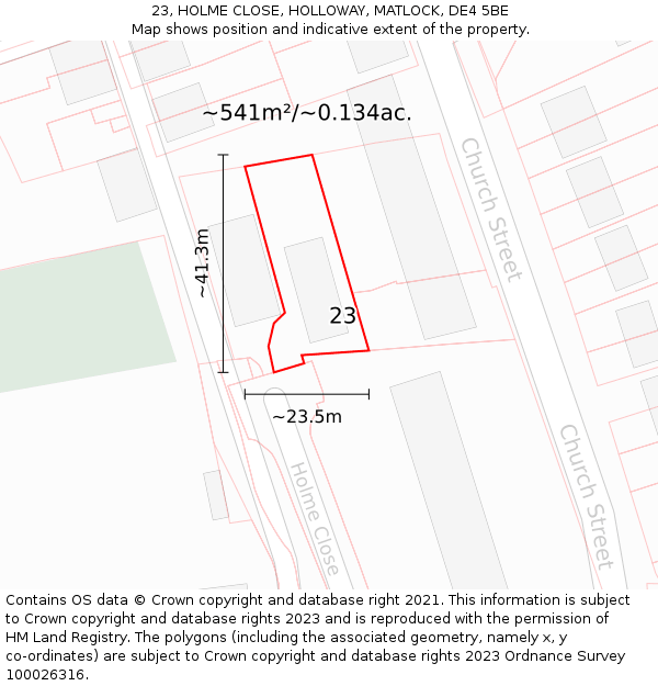 23, HOLME CLOSE, HOLLOWAY, MATLOCK, DE4 5BE: Plot and title map