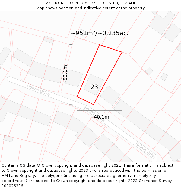 23, HOLME DRIVE, OADBY, LEICESTER, LE2 4HF: Plot and title map