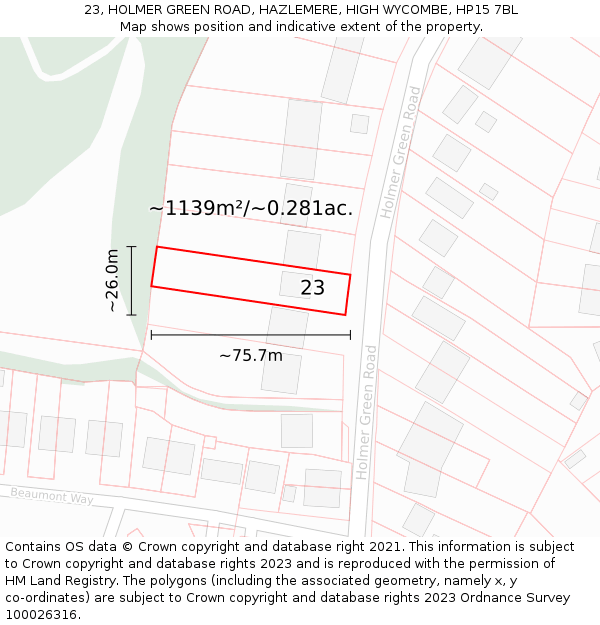 23, HOLMER GREEN ROAD, HAZLEMERE, HIGH WYCOMBE, HP15 7BL: Plot and title map