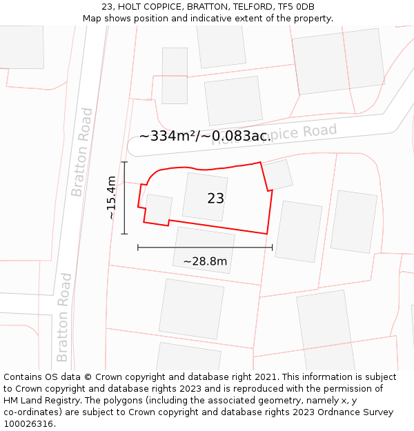 23, HOLT COPPICE, BRATTON, TELFORD, TF5 0DB: Plot and title map