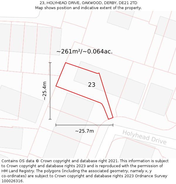 23, HOLYHEAD DRIVE, OAKWOOD, DERBY, DE21 2TD: Plot and title map