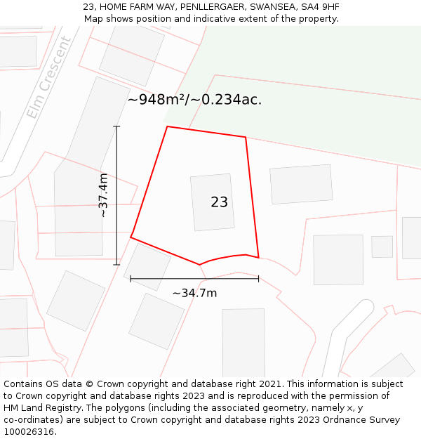 23, HOME FARM WAY, PENLLERGAER, SWANSEA, SA4 9HF: Plot and title map