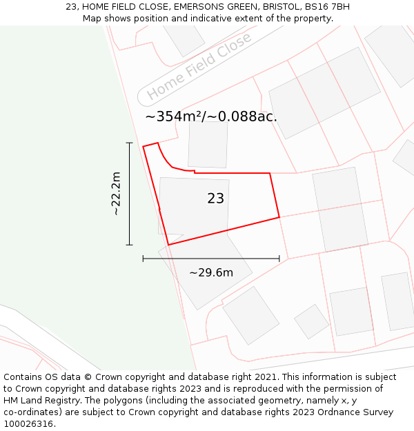 23, HOME FIELD CLOSE, EMERSONS GREEN, BRISTOL, BS16 7BH: Plot and title map