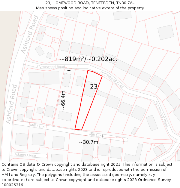 23, HOMEWOOD ROAD, TENTERDEN, TN30 7AU: Plot and title map