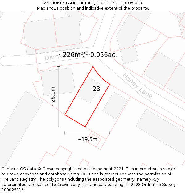 23, HONEY LANE, TIPTREE, COLCHESTER, CO5 0FR: Plot and title map