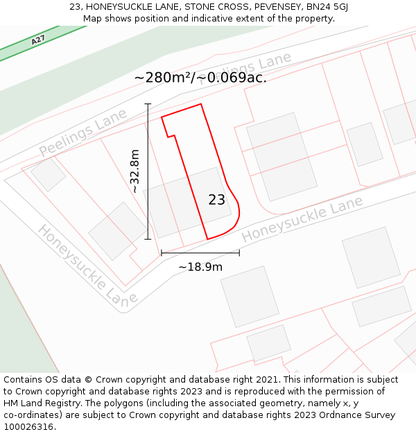 23, HONEYSUCKLE LANE, STONE CROSS, PEVENSEY, BN24 5GJ: Plot and title map