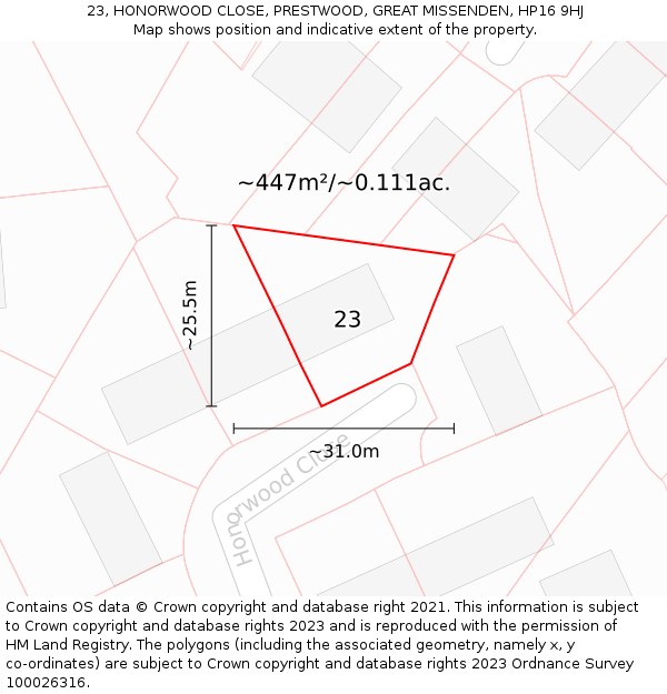 23, HONORWOOD CLOSE, PRESTWOOD, GREAT MISSENDEN, HP16 9HJ: Plot and title map