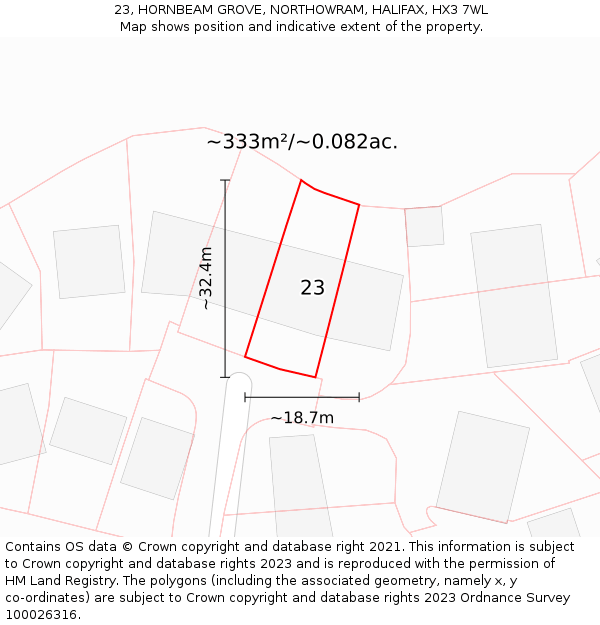 23, HORNBEAM GROVE, NORTHOWRAM, HALIFAX, HX3 7WL: Plot and title map